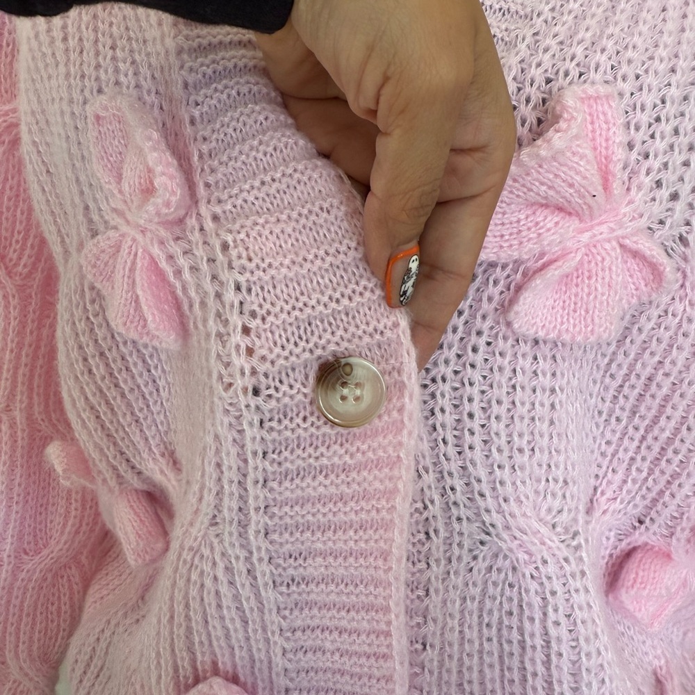 Pink Bow Knit Cardigan Sweater Coquette Cottagecore Oversized XL - Picture 5 of 7